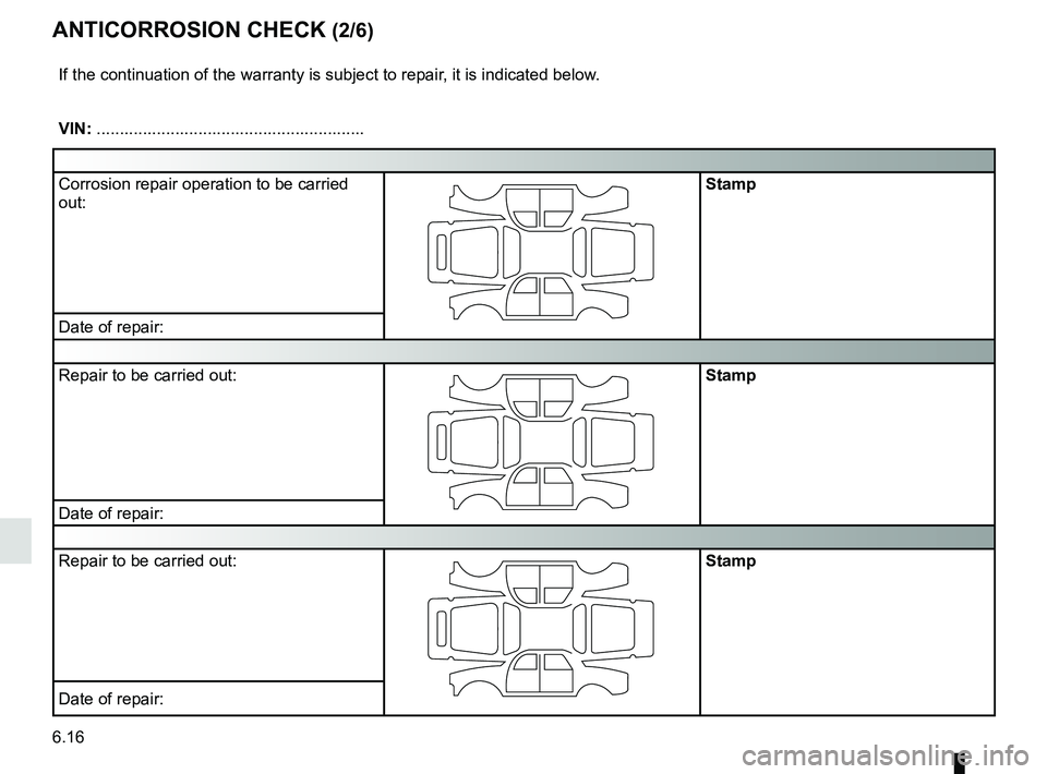 RENAULT KANGOO 2017 X61 / 2.G Owners Manual 6.16
ANTICORROSION CHECK (2/6)
If the continuation of the warranty is subject to repair, it is indicated below.
VIN: ..........................................................
Corrosion repair operati