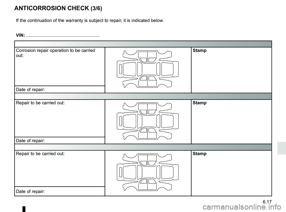 RENAULT KANGOO 2017 X61 / 2.G Owners Manual 6.17
ANTICORROSION CHECK (3/6)
If the continuation of the warranty is subject to repair, it is indicated below.
VIN: ..........................................................
Corrosion repair operati
