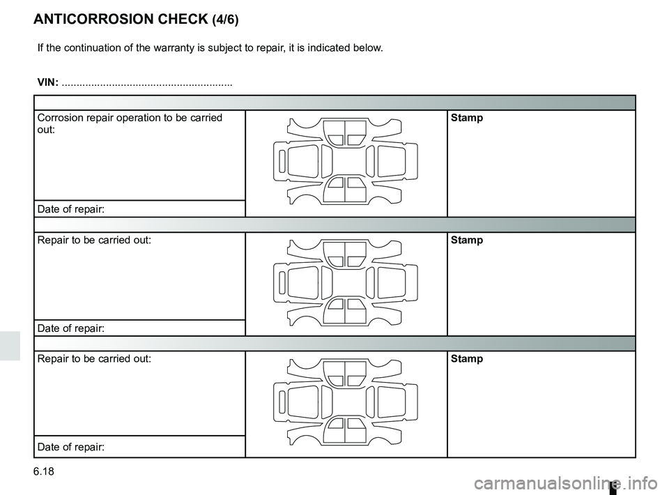 RENAULT KANGOO 2017 X61 / 2.G Owners Manual 6.18
ANTICORROSION CHECK (4/6)
If the continuation of the warranty is subject to repair, it is indicated below.
VIN: ..........................................................
Corrosion repair operati
