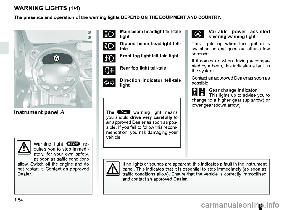 RENAULT KANGOO 2017 X61 / 2.G User Guide 1.54
Instrument panel A
WARNING LIGHTS (1/4)
If no lights or sounds are apparent, this indicates a fault in the instr\
ument 
panel. This indicates that it is essential to stop immediately (as soon as