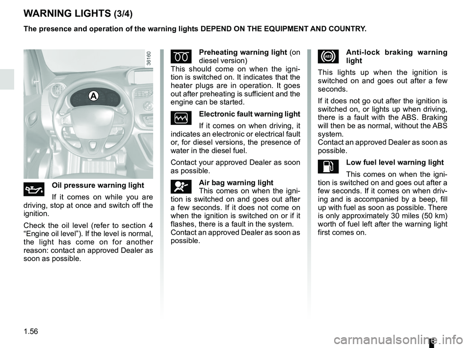 RENAULT KANGOO 2017 X61 / 2.G Repair Manual 1.56
WARNING LIGHTS (3/4)
A
The presence and operation of the warning lights DEPEND ON THE EQUIPMENT\
 AND COUNTRY.
xAnti-lock braking warning 
light
This lights up when the ignition is 
switched on a