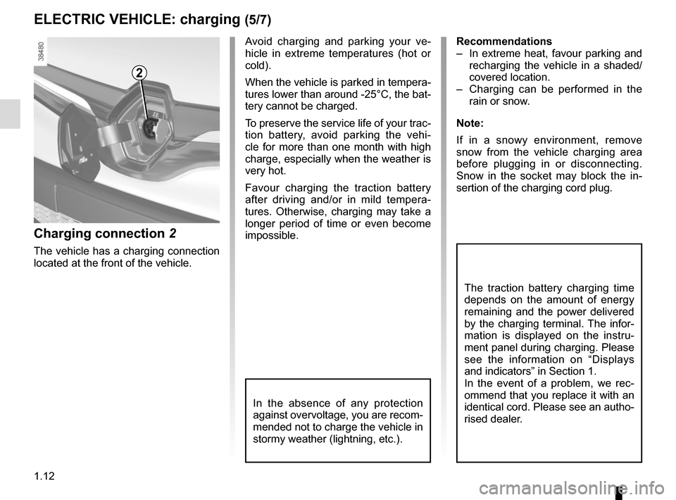 RENAULT KANGOO VAN ZERO EMISSION 2017 X61 / 2.G Owners Manual 1.12
ELECTRIC VEHICLE: charging (5/7)
Charging connection  2
The vehicle has a charging connection 
located at the front of the vehicle. Avoid charging and parking your ve-
hicle in extreme temperatur