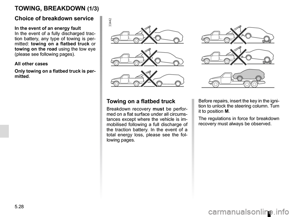 RENAULT KANGOO VAN ZERO EMISSION 2017 X61 / 2.G Owners Manual 5.28
Choice of breakdown service
In the event of an energy fault
In the event of a fully discharged trac-
tion battery, any type of towing is per-
mitted: towing on a flatbed truck or
towing on the RENAULT KANGOO VAN ZERO EMISSION 2017 X61 / 2.G Owners Manual 5.28
Choice of breakdown service
In the event of an energy fault
In the event of a fully discharged trac-
tion battery, any type of towing is per-
mitted: towing on a flatbed truck or
towing on the