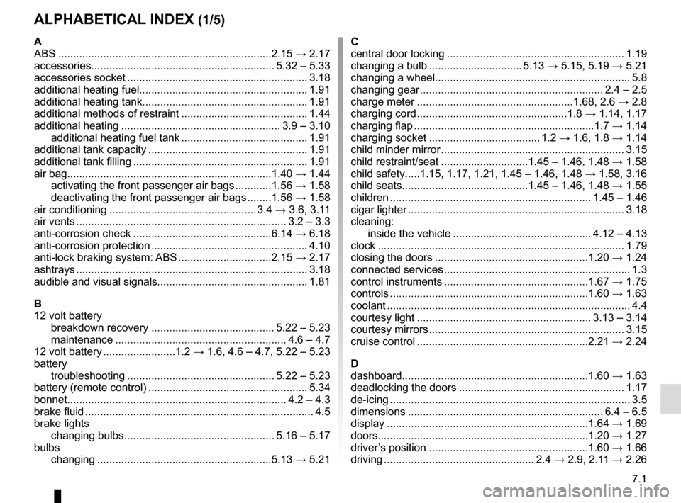 RENAULT KANGOO VAN ZERO EMISSION 2017 X61 / 2.G Owners Manual 7.1
ALPHABETICAL INDEX (1/5)
A
ABS ....................................................................\
...2.15 → 2.17
accessories............................................................. 5.32 RENAULT KANGOO VAN ZERO EMISSION 2017 X61 / 2.G Owners Manual 7.1
ALPHABETICAL INDEX (1/5)
A
ABS ....................................................................\
...2.15 → 2.17
accessories............................................................. 5.32