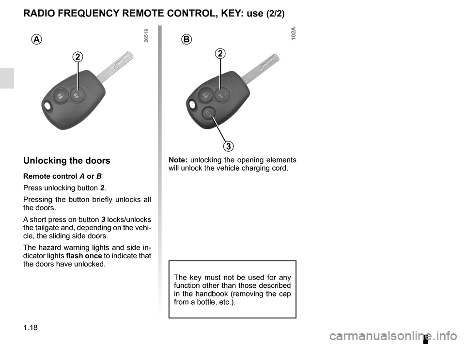 RENAULT KANGOO VAN ZERO EMISSION 2017 X61 / 2.G Owners Manual 1.18
2
Unlocking the doors
Remote control A or B
Press unlocking button 2.
Pressing the button briefly unlocks all
the doors.
A short press on button 3 locks/unlocks
the tailgate and, depending on t RENAULT KANGOO VAN ZERO EMISSION 2017 X61 / 2.G Owners Manual 1.18
2
Unlocking the doors
Remote control A or B
Press unlocking button 2.
Pressing the button briefly unlocks all
the doors.
A short press on button 3 locks/unlocks
the tailgate and, depending on t