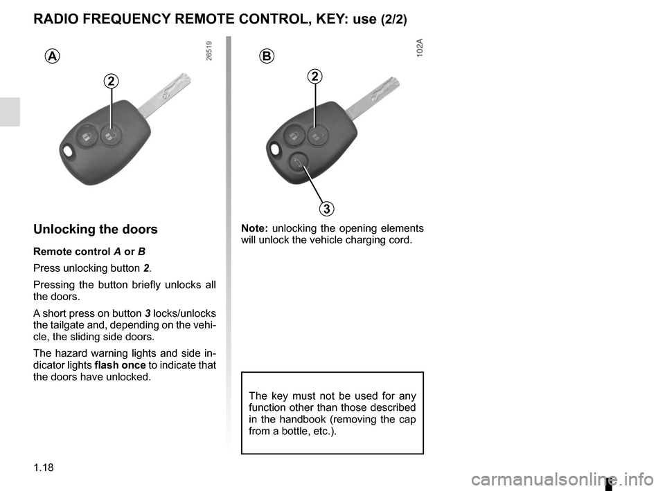 RENAULT KANGOO VAN ZERO EMISSION 2017 X61 / 2.G Owners Manual 1.18
2
Unlocking the doors
Remote control A or B
Press unlocking button 2.
Pressing the button briefly unlocks all 
the doors.
A short press on button 3 locks/unlocks 
the tailgate and, depending on t
