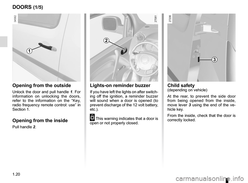 RENAULT KANGOO VAN ZERO EMISSION 2017 X61 / 2.G Owners Manual 1.20
Opening from the outside
Unlock the door and pull handle 1. For
information on unlocking the doors,
refer to the information on the “Key,
radio frequency remote control: use” in
Section 1 RENAULT KANGOO VAN ZERO EMISSION 2017 X61 / 2.G Owners Manual 1.20
Opening from the outside
Unlock the door and pull handle 1. For
information on unlocking the doors,
refer to the information on the “Key,
radio frequency remote control: use” in
Section 1