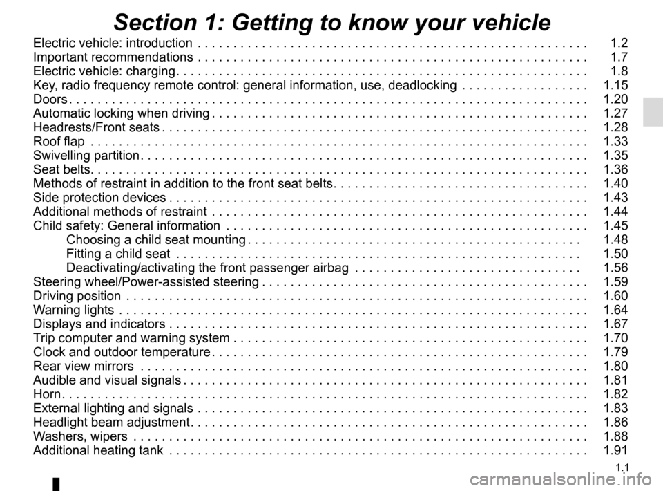 RENAULT KANGOO VAN ZERO EMISSION 2017 X61 / 2.G Owners Manual 1.1
Section 1: Getting to know your vehicle
Electric vehicle: introduction  . . . . . . . . . . . . . . . . . . . . . . . . . . . . . . . . . . . .\
 . . . . . . . . . . . . . . . . . . .   1.2
Import