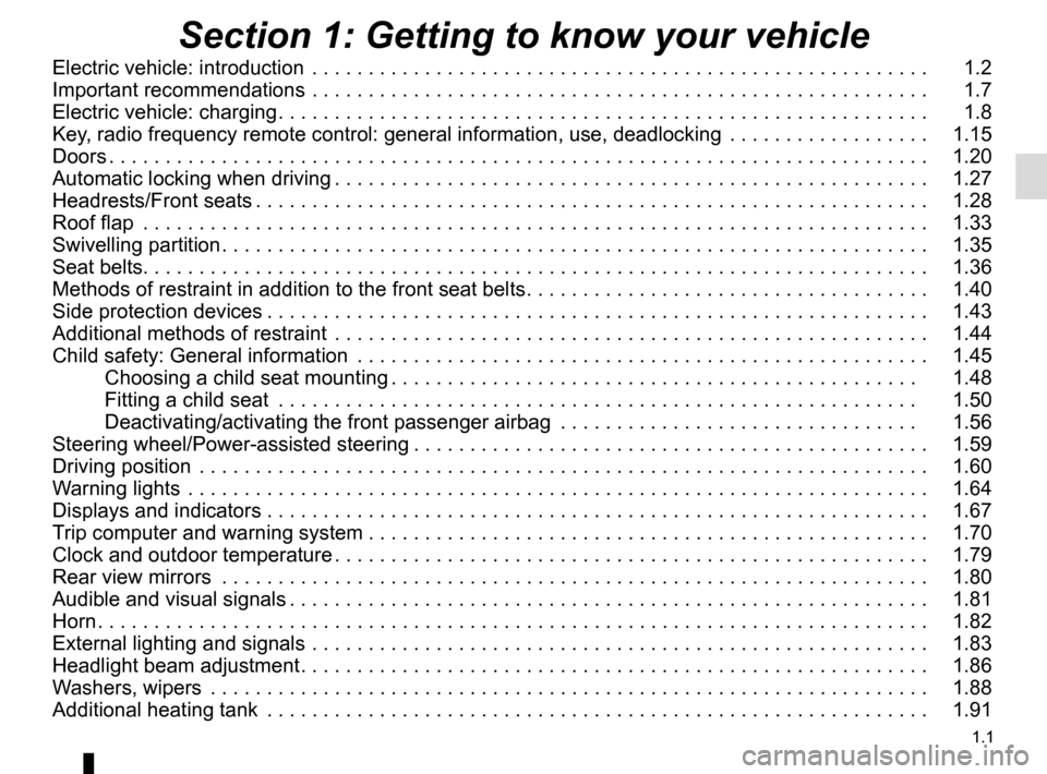 RENAULT KANGOO VAN ZERO EMISSION 2017 X61 / 2.G Owners Manual 1.1
Section 1: Getting to know your vehicle
Electric vehicle: introduction . . . . . . . . . . . . . . . . . . . . . . . . . . . . . . . . . . . .\
. . . . . . . . . . . . . . . . . . . 1.2
Import RENAULT KANGOO VAN ZERO EMISSION 2017 X61 / 2.G Owners Manual 1.1
Section 1: Getting to know your vehicle
Electric vehicle: introduction . . . . . . . . . . . . . . . . . . . . . . . . . . . . . . . . . . . .\
. . . . . . . . . . . . . . . . . . . 1.2
Import