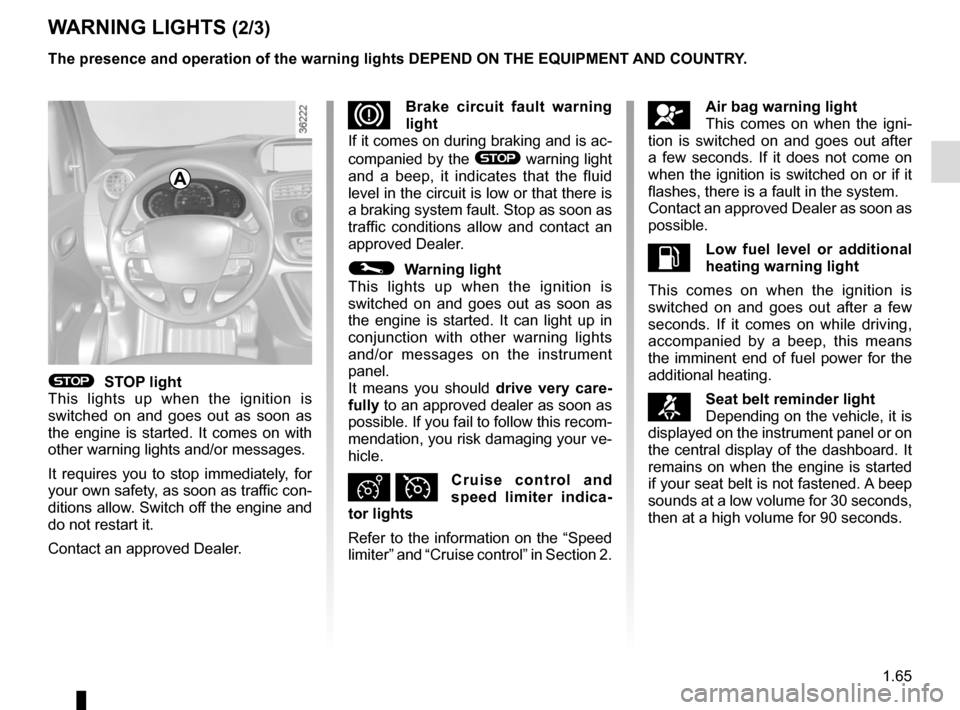 RENAULT KANGOO VAN ZERO EMISSION 2017 X61 / 2.G Manual PDF 1.65
WARNING LIGHTS (2/3)
The presence and operation of the warning lights DEPEND ON THE EQUIPMENT\
AND COUNTRY.
åAir bag warning light
This comes on when the igni-
tion is switched on and goes out RENAULT KANGOO VAN ZERO EMISSION 2017 X61 / 2.G Manual PDF 1.65
WARNING LIGHTS (2/3)
The presence and operation of the warning lights DEPEND ON THE EQUIPMENT\
AND COUNTRY.
åAir bag warning light
This comes on when the igni-
tion is switched on and goes out