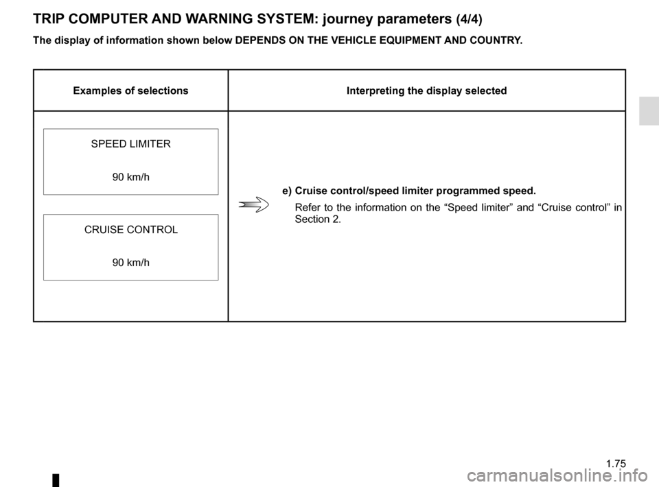 RENAULT KANGOO VAN ZERO EMISSION 2017 X61 / 2.G Manual Online 1.75
TRIP COMPUTER AND WARNING SYSTEM: journey parameters (4/4)
Examples of selectionsInterpreting the display selected
SPEED LIMITER
e) Cruise control/speed limiter programmed speed. Refer to the inf RENAULT KANGOO VAN ZERO EMISSION 2017 X61 / 2.G Manual Online 1.75
TRIP COMPUTER AND WARNING SYSTEM: journey parameters (4/4)
Examples of selectionsInterpreting the display selected
SPEED LIMITER
e) Cruise control/speed limiter programmed speed. Refer to the inf