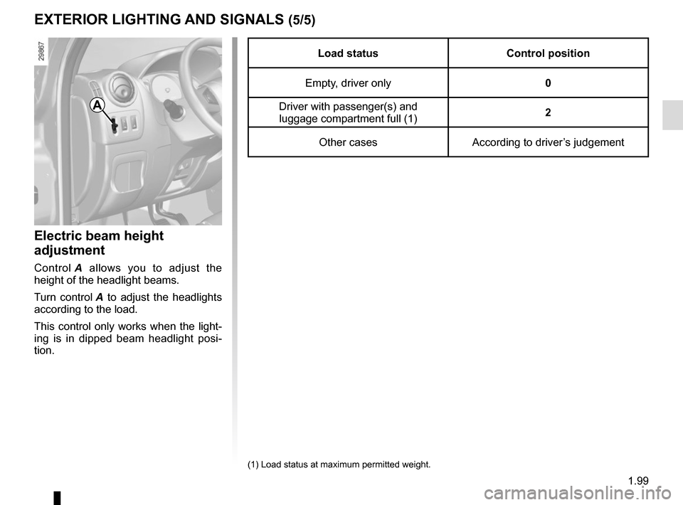 RENAULT MASTER 2017 X62 / 2.G Owners Manual 1.99
Load statusControl position
Empty, driver only 0
Driver with passenger(s) and  luggage compartment full (1) 2
Other cases According to driver’s judgement
EXTERIOR LIGHTING AND SIGNALS (5/5)
Ele