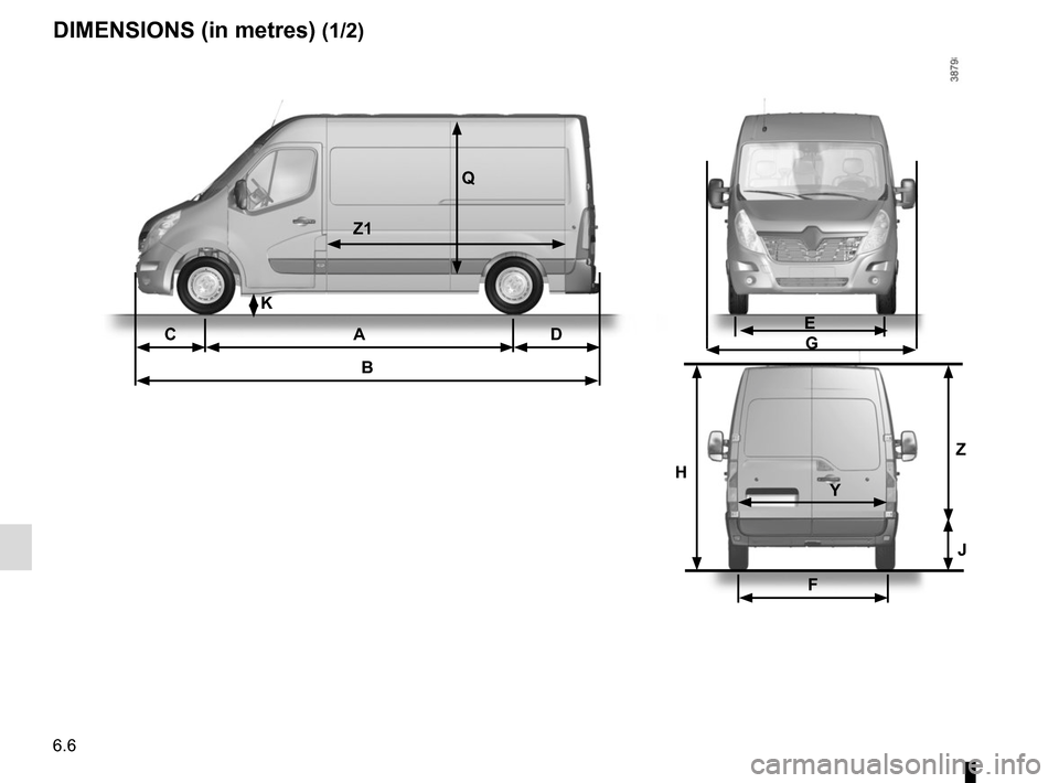 RENAULT MASTER 2017 X62 / 2.G Owners Manual 6.6
DIMENSIONS (in metres) (1/2)
CA D
B
K
Q
Z1
E G
F
H Z
J
Y  