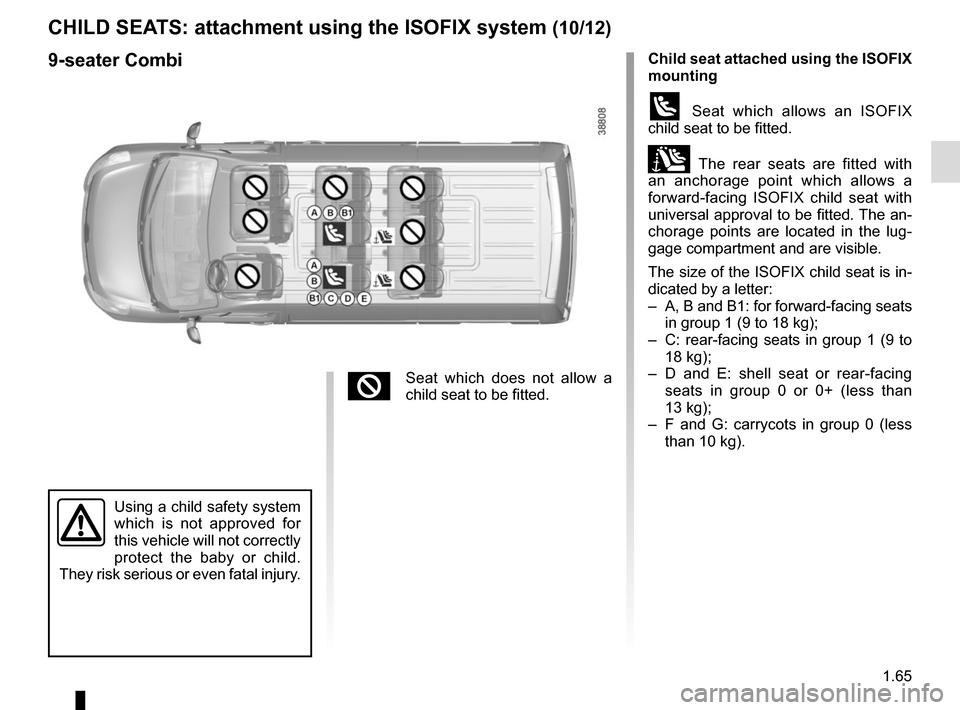 RENAULT MASTER 2017 X62 / 2.G User Guide 1.65
Child seat attached using the ISOFIX  
mounting
ü Seat which allows an ISOFIX 
child seat to be fitted.
± The rear seats are fitted with 
an anchorage point which allows a 
forward-facing ISOFI