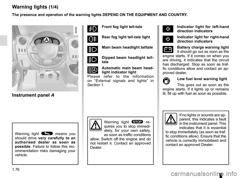 RENAULT MASTER 2017 X62 / 2.G User Guide 1.76
Instrument panel A
Warning lights (1/4)
cIndicator light for left-hand 
direction indicators
bIndicator light for right-hand 
direction indicators
ÚBattery charge warning light
It should go out 