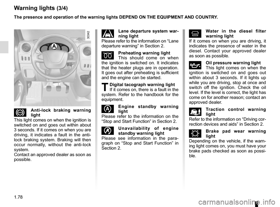 RENAULT MASTER 2017 X62 / 2.G User Guide 1.78
Warning lights (3/4)
The presence and operation of the warning lights DEPEND ON THE EQUIPMENT\
 AND COUNTRY.
xAnti-lock braking warning 
light
This light comes on when the ignition is 
switched o