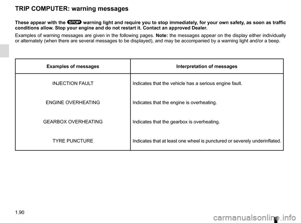 RENAULT MASTER 2017 X62 / 2.G Owners Manual 1.90
These appear with the ® warning light and require you to stop immediately, for your own safety, as soon as traffic 
conditions allow. Stop your engine and do not restart it. Contact an approved 