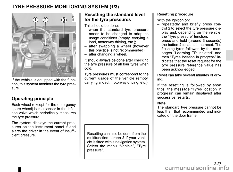 RENAULT MEGANE 2017 4.G Owners Manual 2.27
TYRE PRESSURE MONITORING SYSTEM (1/3)
If the vehicle is equipped with the func-
tion, this system monitors the tyre pres-
sure.
Operating principle
Each wheel (except for the emergency 
spare whe