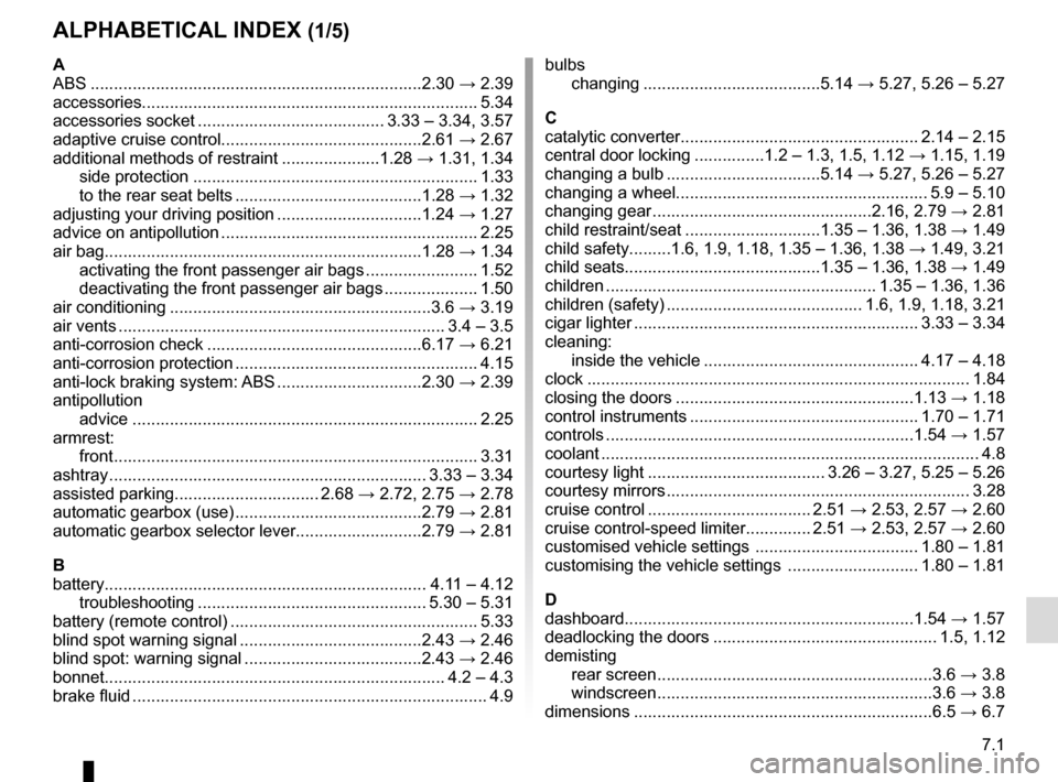 RENAULT MEGANE 2017 4.G Service Manual 7.1
ALPHABETICAL INDEX (1/5)
A
ABS ....................................................................\
...2.30 → 2.39
accessories...................................................................