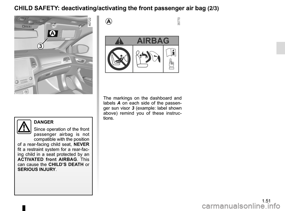 RENAULT MEGANE 2017 4.G Owners Manual 1.51
3
A
A
The markings on the dashboard and
labels A on each side of the passen-
ger sun visor 3 (example: label shown
above) remind you of these instruc-
tions.
CHILD SAFETY: deactivating/activat RENAULT MEGANE 2017 4.G Owners Manual 1.51
3
A
A
The markings on the dashboard and
labels A on each side of the passen-
ger sun visor 3 (example: label shown
above) remind you of these instruc-
tions.
CHILD SAFETY: deactivating/activat
