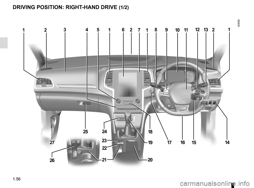 RENAULT MEGANE 2017 4.G Repair Manual 1.56
DRIVING POSITION: RIGHT-HAND DRIVE (1/2)
281011132
2518
20
7312119126
2315162714
24
54
17
1
2621
22
19 RENAULT MEGANE 2017 4.G Repair Manual 1.56
DRIVING POSITION: RIGHT-HAND DRIVE (1/2)
281011132
2518
20
7312119126
2315162714
24
54
17
1
2621
22
19