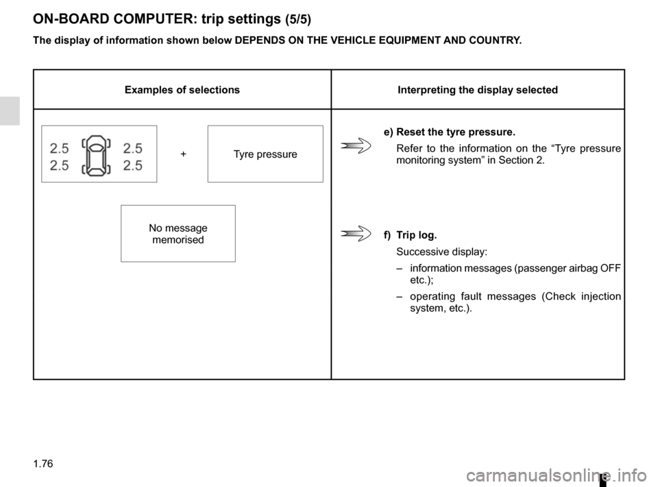 RENAULT MEGANE 2017 4.G Owners Manual 1.76
ON-BOARD COMPUTER: trip settings (5/5)
The display of information shown below DEPENDS ON THE VEHICLE EQUIPMENT \
AND COUNTRY.
Examples of selectionsInterpreting the display selected
e) Reset the 