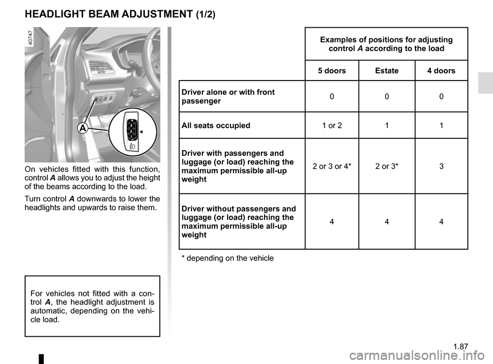 RENAULT MEGANE 2017 4.G Owners Manual 1.87
HEADLIGHT BEAM ADJUSTMENT (1/2)
On vehicles fitted with this function, 
control A allows you to adjust the height 
of the beams according to the load.
Turn control A downwards to lower the 
headl