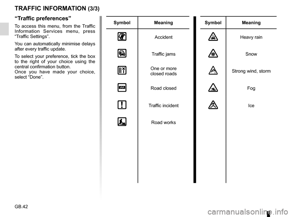 RENAULT CAPTUR 2017 1.G R Link Owners Manual GB.42
TRAFFIC INFORMATION (3/3)
“Traffic preferences”
To access this menu, from the Traffic 
Information Services menu, press 
“Traffic Settings”.
You can automatically minimise delays 
after 