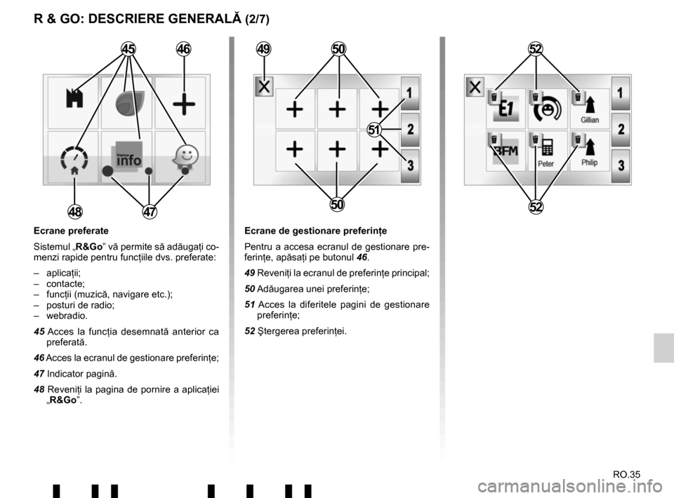 RENAULT TWINGO 2017 3.G Radio Connect R And Go User Guide RO.35
R & GO: DESCRIERE GENERALĂ (2/7)
Ecrane preferate
Sistemul „R&Go” vă permite să adăugaţi co-menzi rapide pentru func ţiile dvs. preferate:
– aplica ţii;
– contacte;
– funcţii (