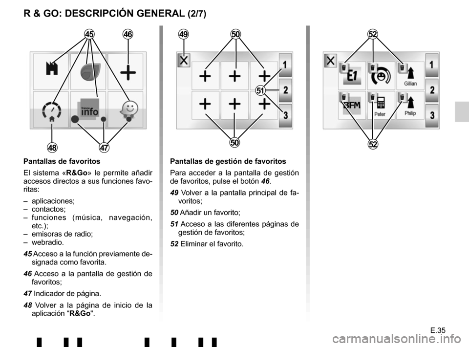 RENAULT TWINGO 2017 3.G Radio Connect R And Go Owners Manual E.35
R & GO: DESCRIPCIÓN GENERAL (2/7)
Pantallas de favoritos
El sistema «R&Go» le permite añadir 
accesos directos a sus funciones favo-
ritas:
– aplicaciones;
– contactos;
– funciones (mú