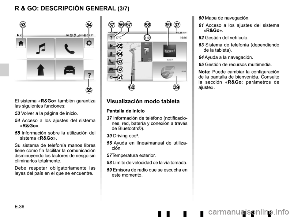 RENAULT TWINGO 2017 3.G Radio Connect R And Go Owners Manual E.36
El sistema «R&Go» también garantiza 
las siguientes funciones:
53 Volver a la página de inicio.
54 Acceso a los ajustes del sistema «R&Go».
55 Información sobre la utilización del  sistem