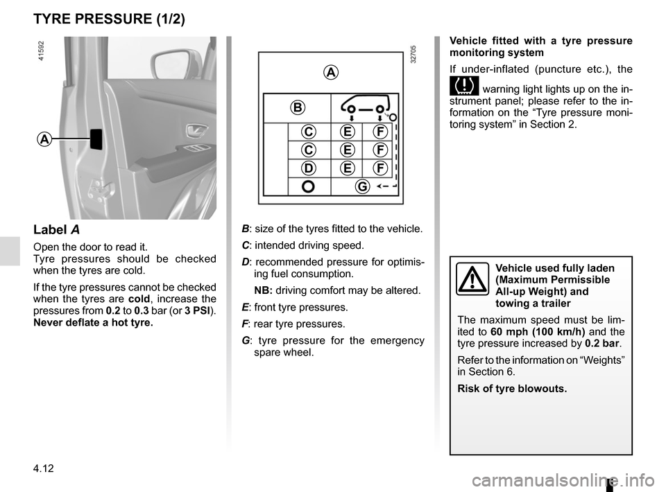 RENAULT SCENIC 2017 J95 / 3.G Owners Manual 4.12
TYRE PRESSURE (1/2)
A
Label A
Open the door to read it.
Tyre pressures should be checked
when the tyres are cold.
If the tyre pressures cannot be checked
when the tyres are cold, increase the
RENAULT SCENIC 2017 J95 / 3.G Owners Manual 4.12
TYRE PRESSURE (1/2)
A
Label A
Open the door to read it.
Tyre pressures should be checked
when the tyres are cold.
If the tyre pressures cannot be checked
when the tyres are cold, increase the