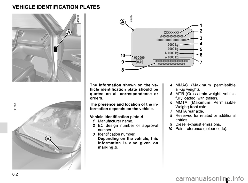 RENAULT SCENIC 2017 J95 / 3.G Workshop Manual 6.2
VEHICLE IDENTIFICATION PLATES
A
B
A
97
8
10
5
1
2
3
4
6
The information shown on the ve-
hicle identification plate should be 
quoted on all correspondence or 
orders.
The presence and location of