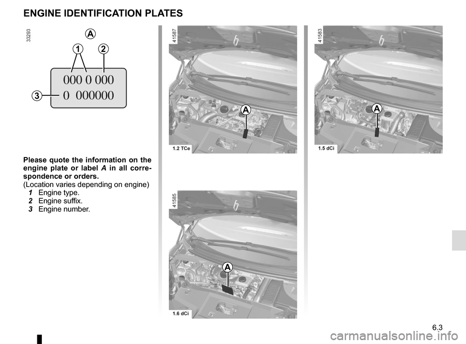 RENAULT SCENIC 2017 J95 / 3.G Owners Manual 6.3
ENGINE IDENTIFICATION PLATES
Please quote the information on the 
engine plate or label A  in all corre-
spondence or orders.
(Location varies depending on engine)
  1 Engine type.
  2 Engine suff