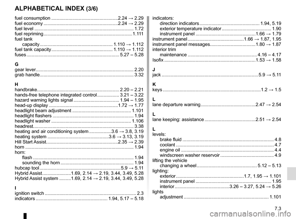 RENAULT SCENIC 2017 J95 / 3.G User Guide 7.3
ALPHABETICAL INDEX (3/6)
fuel consumption ...................................................2.24 → 2.29
fuel economy .........................................................2.24  → 2.29
fuel