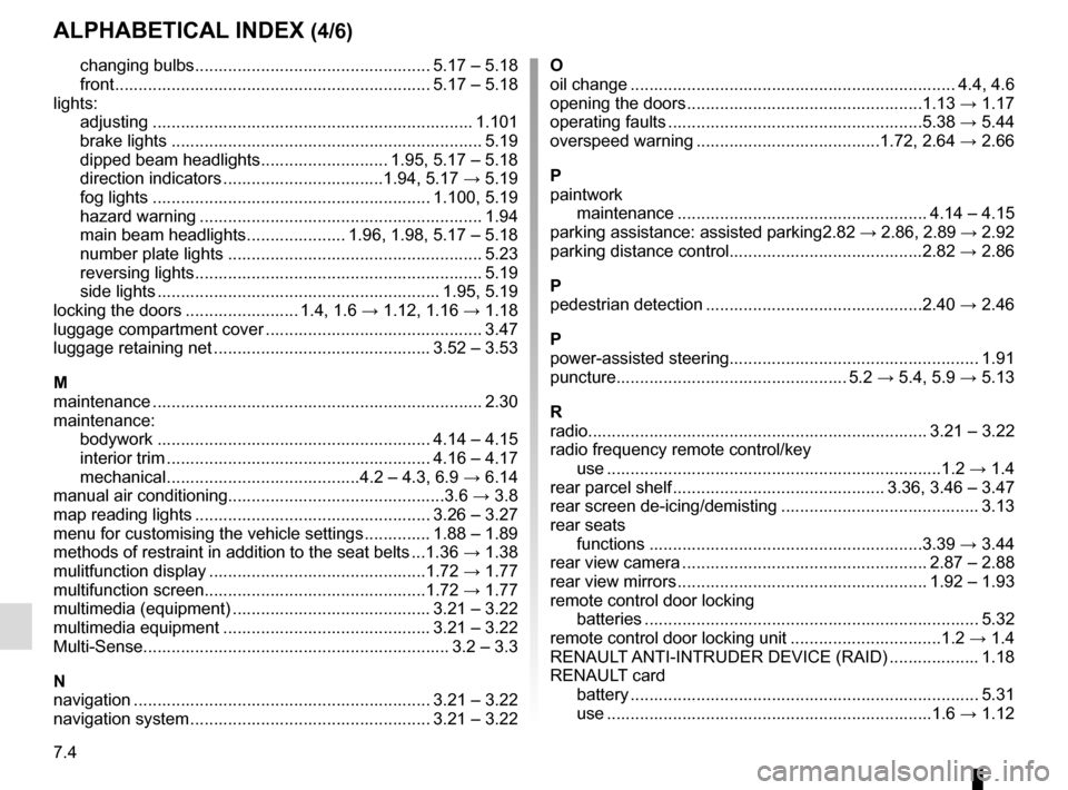 RENAULT SCENIC 2017 J95 / 3.G Owners Manual 7.4
ALPHABETICAL INDEX (4/6)
changing bulbs .................................................. 5.17 – 5.18
front ................................................................... 5.17 – 5.18
lig