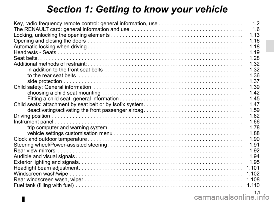RENAULT SCENIC 2017 J95 / 3.G Owners Manual 1.1
Section 1: Getting to know your vehicle
Key, radio frequency remote control: general information, use . . . . . . . . . . . . . . . . . . . . . . . . . . . . .   1.2
The RENAULT card: general info