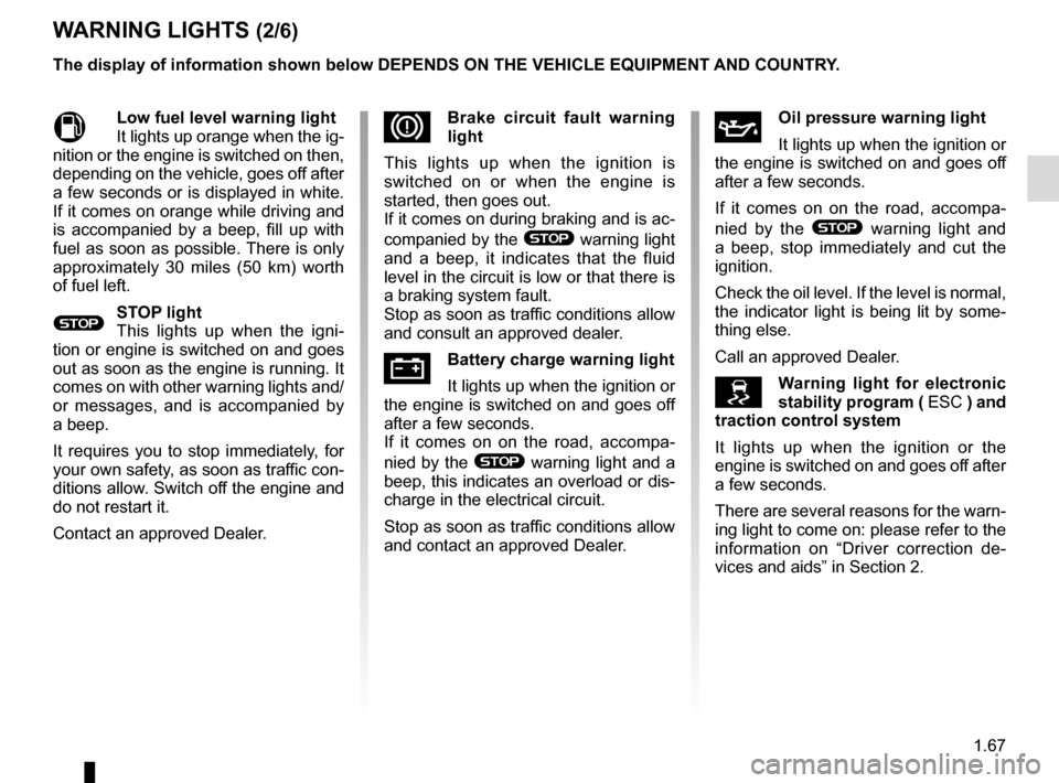 RENAULT SCENIC 2017 J95 / 3.G Manual PDF 1.67
WARNING LIGHTS (2/6)
MLow fuel level warning light
It lights up orange when the ig-
nition or the engine is switched on then, 
depending on the vehicle, goes off after 
a few seconds or is displa