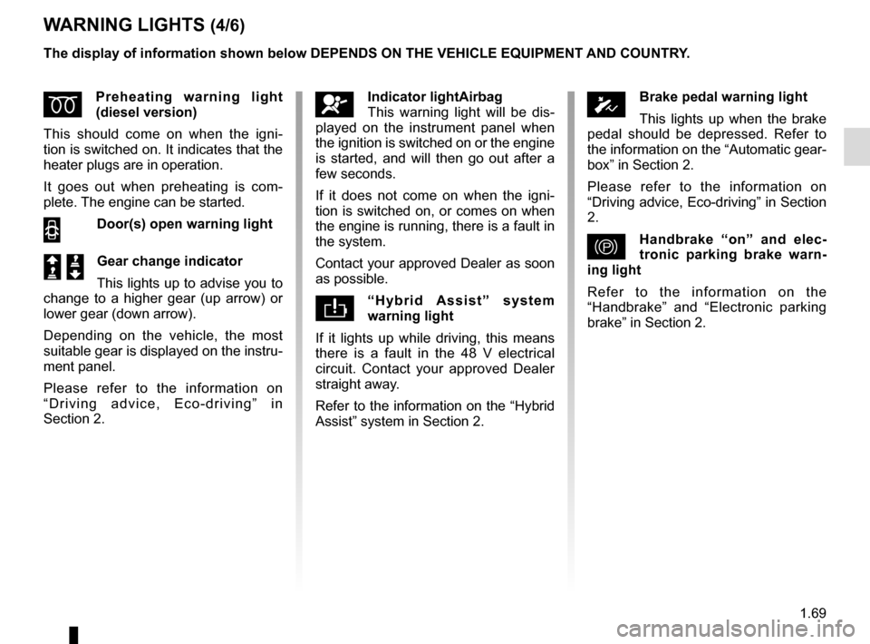 RENAULT SCENIC 2017 J95 / 3.G Owners Manual 1.69
WARNING LIGHTS (4/6)
ÉPreheating warning light 
(diesel version)
This should come on when the igni-
tion is switched on. It indicates that the 
heater plugs are in operation.
It goes out when pr