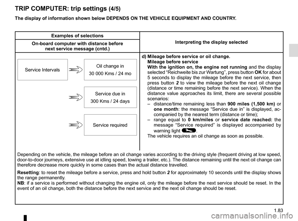 RENAULT SCENIC 2017 J95 / 3.G Manual Online 1.83
TRIP COMPUTER: trip settings (4/5)
The display of information shown below DEPENDS ON THE VEHICLE EQUIPMENT \
AND COUNTRY.
Examples of selectionsInterpreting the display selected
On-board computer RENAULT SCENIC 2017 J95 / 3.G Manual Online 1.83
TRIP COMPUTER: trip settings (4/5)
The display of information shown below DEPENDS ON THE VEHICLE EQUIPMENT \
AND COUNTRY.
Examples of selectionsInterpreting the display selected
On-board computer