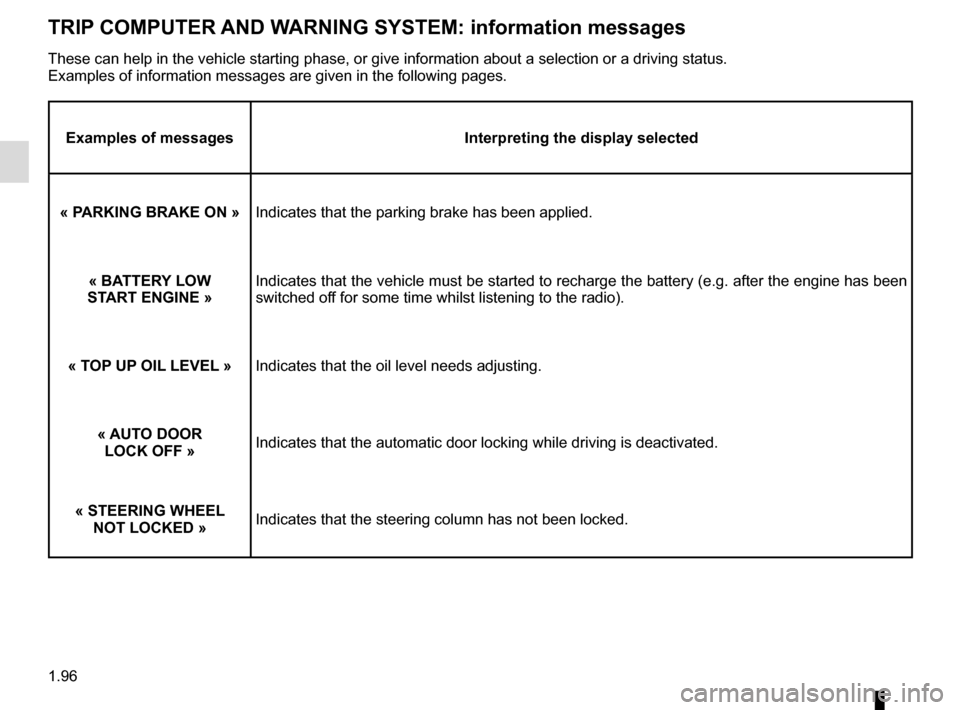 RENAULT TRAFIC 2017 X82 / 3.G Owners Manual 1.96
TRIP COMPUTER AND WARNING SYSTEM: information messages
Examples of messagesInterpreting the display selected
« PARKING BRAKE ON »   Indicates that the parking brake has been applied.
« BATTERY