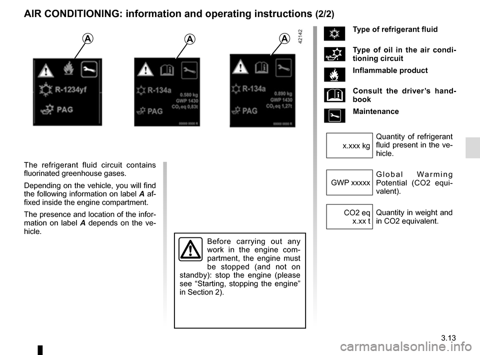 RENAULT TRAFIC 2017 X82 / 3.G Owners Manual 3.13
The refrigerant fluid circuit contains
fluorinated greenhouse gases.
Depending on the vehicle, you will find
the following information on label A af-
fixed inside the engine compartment.
The pr RENAULT TRAFIC 2017 X82 / 3.G Owners Manual 3.13
The refrigerant fluid circuit contains
fluorinated greenhouse gases.
Depending on the vehicle, you will find
the following information on label A af-
fixed inside the engine compartment.
The pr