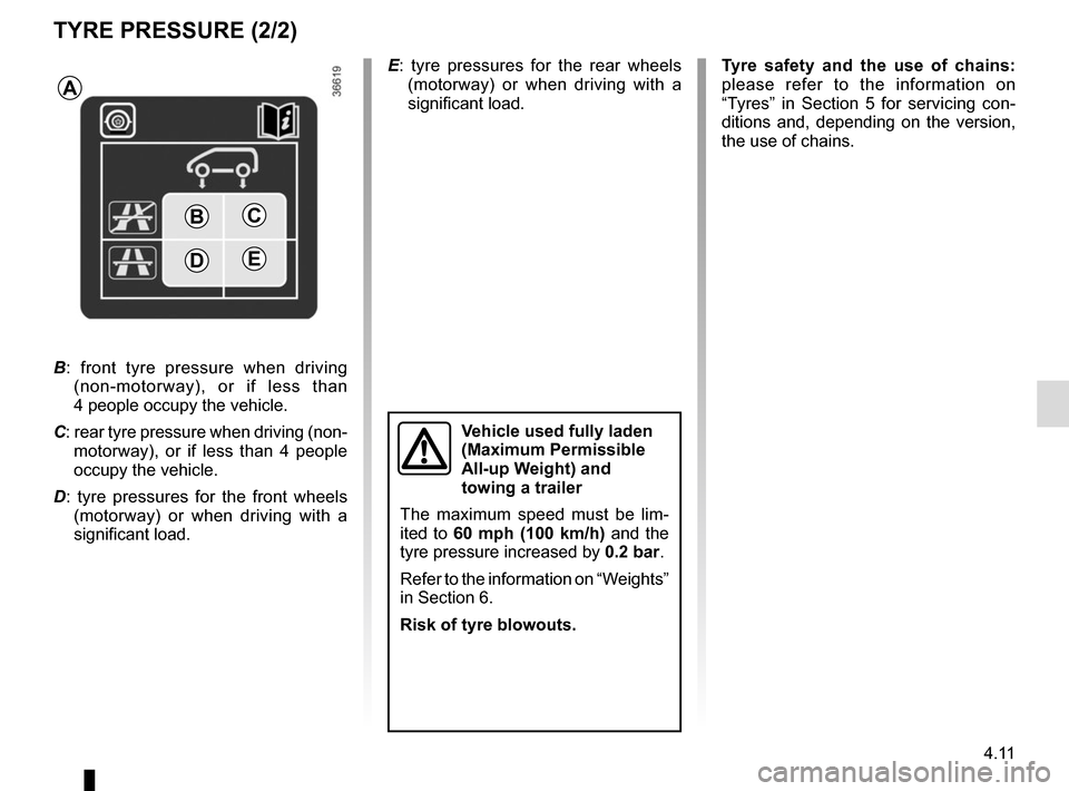 RENAULT TRAFIC 2017 X82 / 3.G Owners Manual 4.11
TYRE PRESSURE (2/2)
C
DE
B
A
B: front tyre pressure when driving
(non-motorway), or if less than
4 people occupy the vehicle.
C: rear tyre pressure when driving (non- motorway), or if less than RENAULT TRAFIC 2017 X82 / 3.G Owners Manual 4.11
TYRE PRESSURE (2/2)
C
DE
B
A
B: front tyre pressure when driving
(non-motorway), or if less than
4 people occupy the vehicle.
C: rear tyre pressure when driving (non- motorway), or if less than