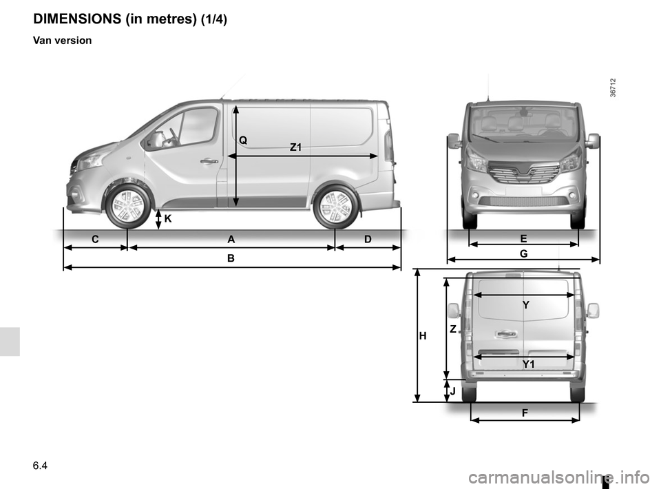 RENAULT TRAFIC 2017 X82 / 3.G Owners Manual 6.4
CA DB
DIMENSIONS (in metres) (1/4)
Van version
QZ1
E
G
F
H Z  Y
   Y1
J
K  