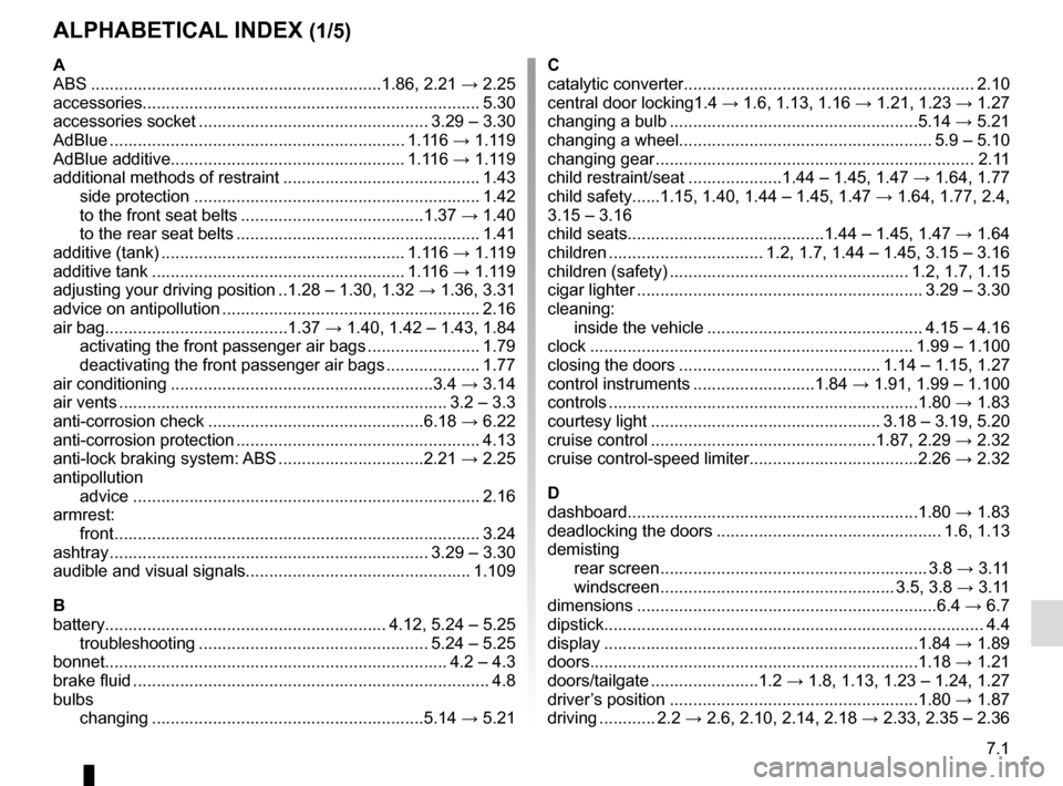 RENAULT TRAFIC 2017 X82 / 3.G Service Manual 7.1
ALPHABETICAL INDEX (1/5)
A
ABS ..............................................................1.86,  2.21 → 2.25
accessories.......................................................................