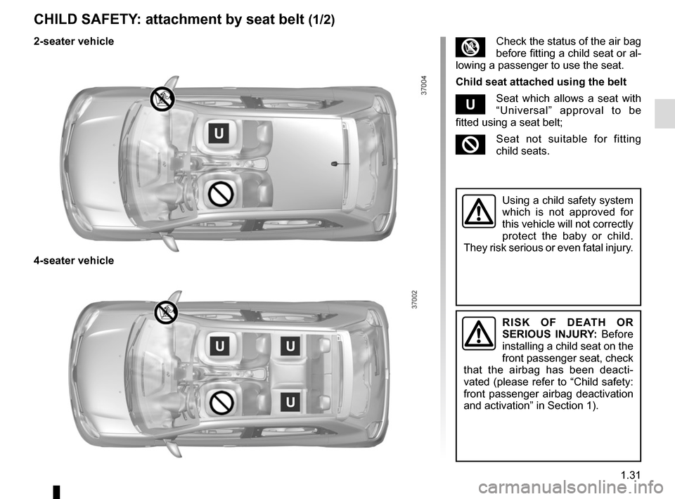 RENAULT TWINGO 2017 3.G Owners Manual 1.31
CHILD SAFETY: attachment by seat belt (1/2)
RISK OF DEATH OR 
SERIOUS INJURY: Before 
installing a child seat on the 
front passenger seat, check 
that the airbag has been deacti-
vated (please r