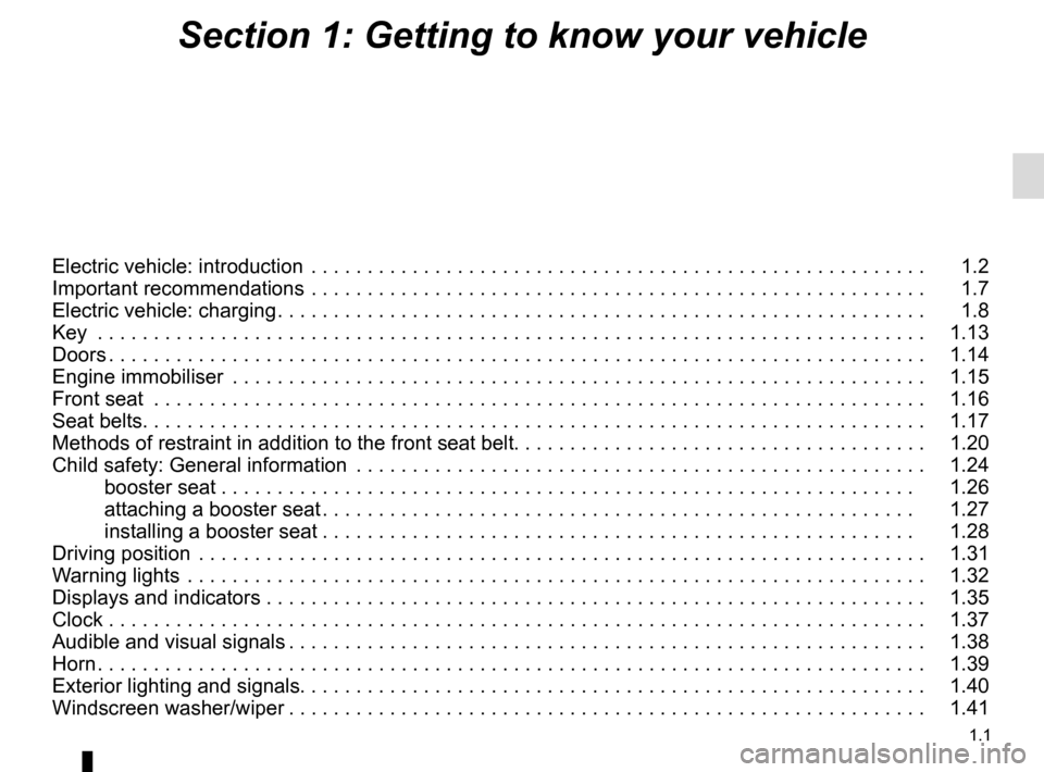 RENAULT TWIZY 2017 1.G Owners Manual 1.1
Section 1: Getting to know your vehicle
Electric vehicle: introduction  . . . . . . . . . . . . . . . . . . . . . . . . . . . . . . . . . . . .\
 . . . . . . . . . . . . . . . . . . .   1.2
Import