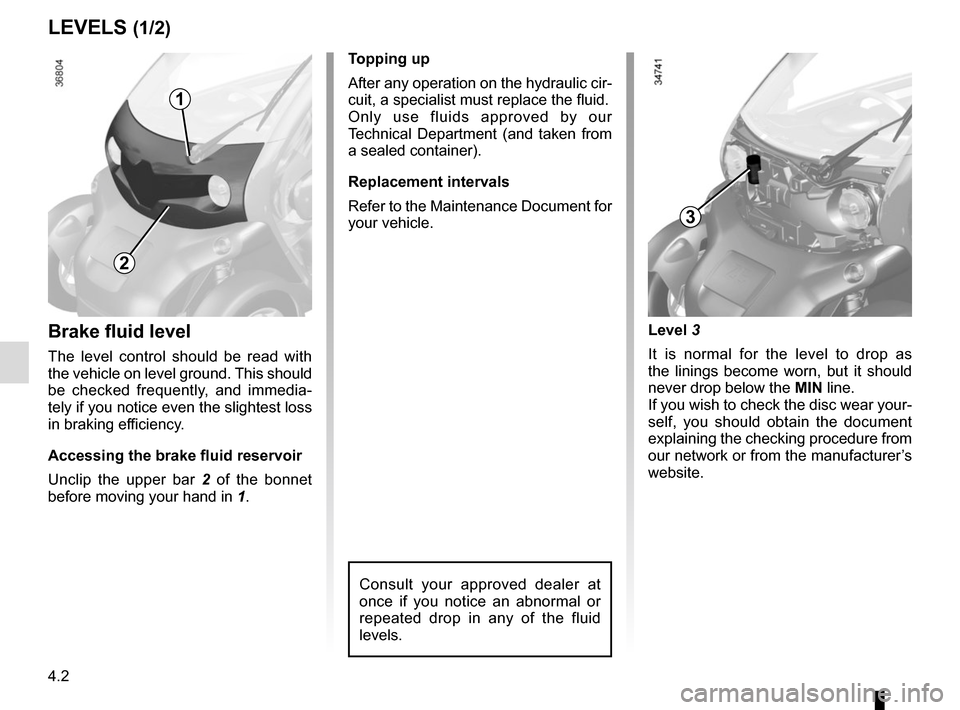 RENAULT TWIZY 2017 1.G Owners Manual 4.2
Brake fluid level
The level control should be read with 
the vehicle on level ground. This should 
be checked frequently, and immedia-
tely if you notice even the slightest loss 
in braking effici