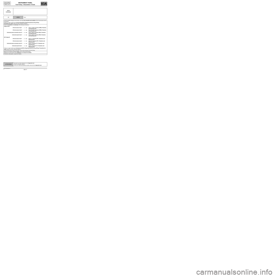 RENAULT SCENIC 2008 J84 / 2.G Electrical Equipment - Instrument Panel Workshop Manual 83A-17
MR-372-J84-83A000$378.mif
V8
INSTRUMENT PANEL
Fault finding - Interpretation of faults83A
TDB ph2 (EG/MG) 
Prog version: 04xx 
Vdiag No.: 08, 0C
DF016
CONTINUED
CC
NOTESNone.
Look for possible 