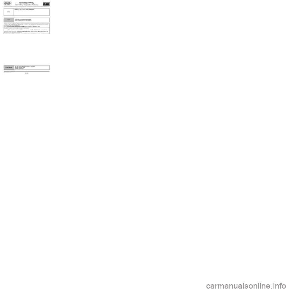 RENAULT SCENIC 2008 J84 / 2.G Electrical Equipment - Instrument Panel Workshop Manual 83A-29
MR-372-J84-83A000$567.mif
V8
INSTRUMENT PANEL
Fault finding - Interpretation of statuses83A
TDB ph2 (EG/MG) 
Prog Version: 04xx 
Vdiag No.: 08, 0C
ET066
BRAKE FLUID LEVEL LIGHT WARNING
NOTESThe